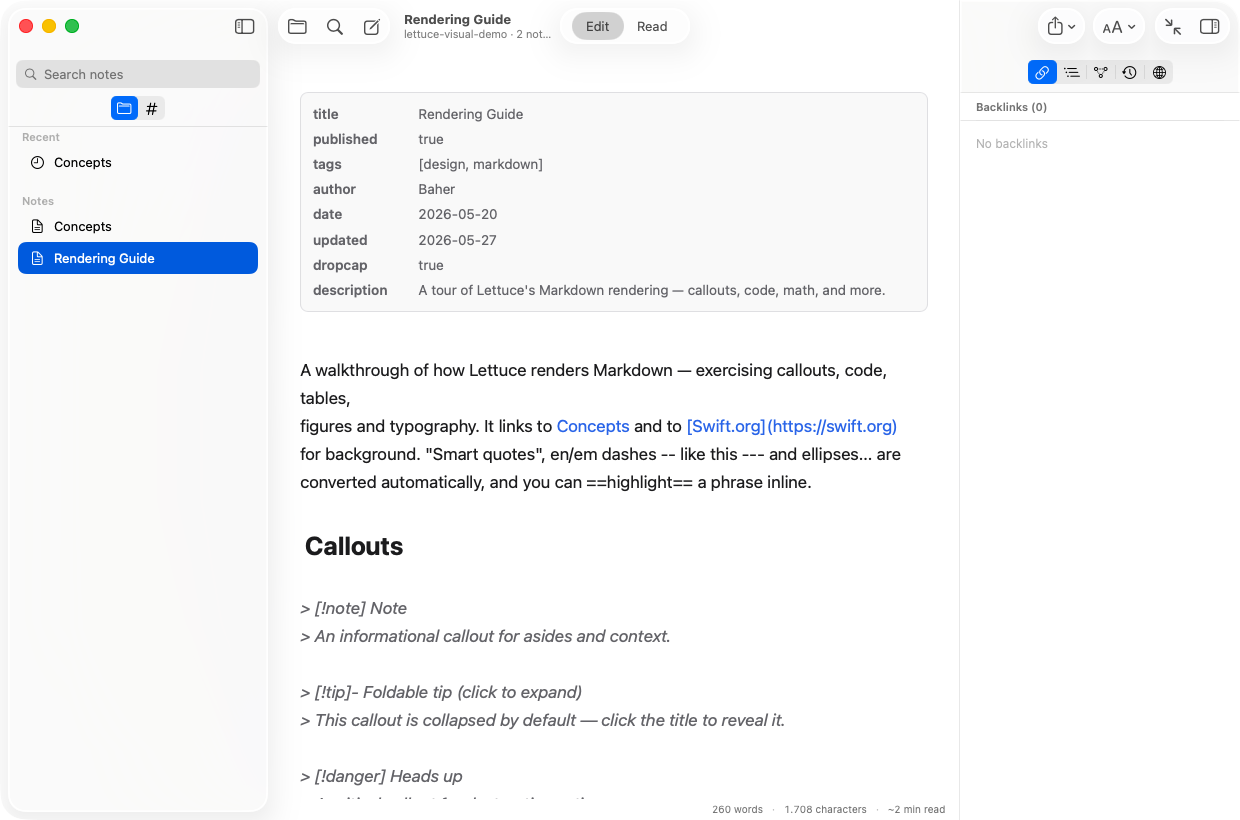 The Lettuce editor showing frontmatter as a properties panel above live Markdown
