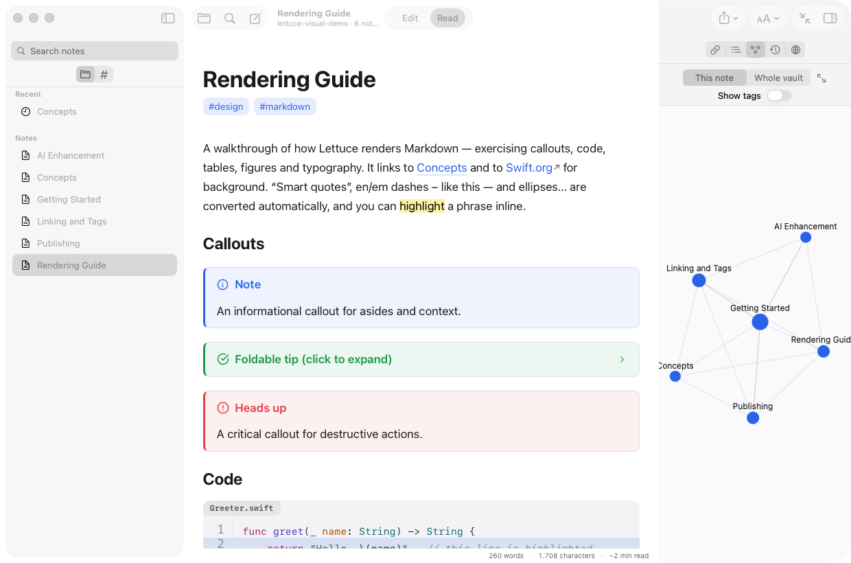 Lettuce showing a rendered Markdown note with callouts and code alongside an interactive knowledge graph